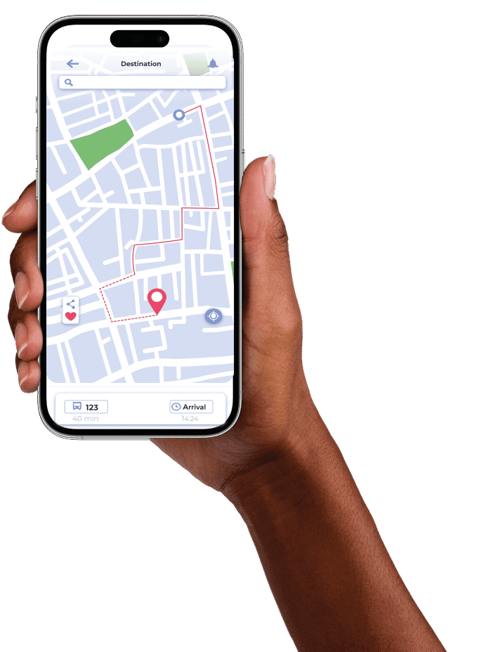Phone mockup showing location tracking